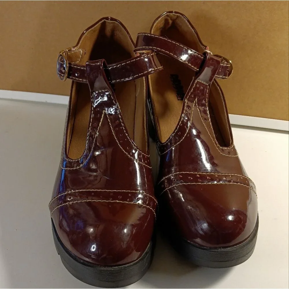 Dadawen Women's Black Cherry Red T-strap Round Toe Oxford Platform Shoes 11.5